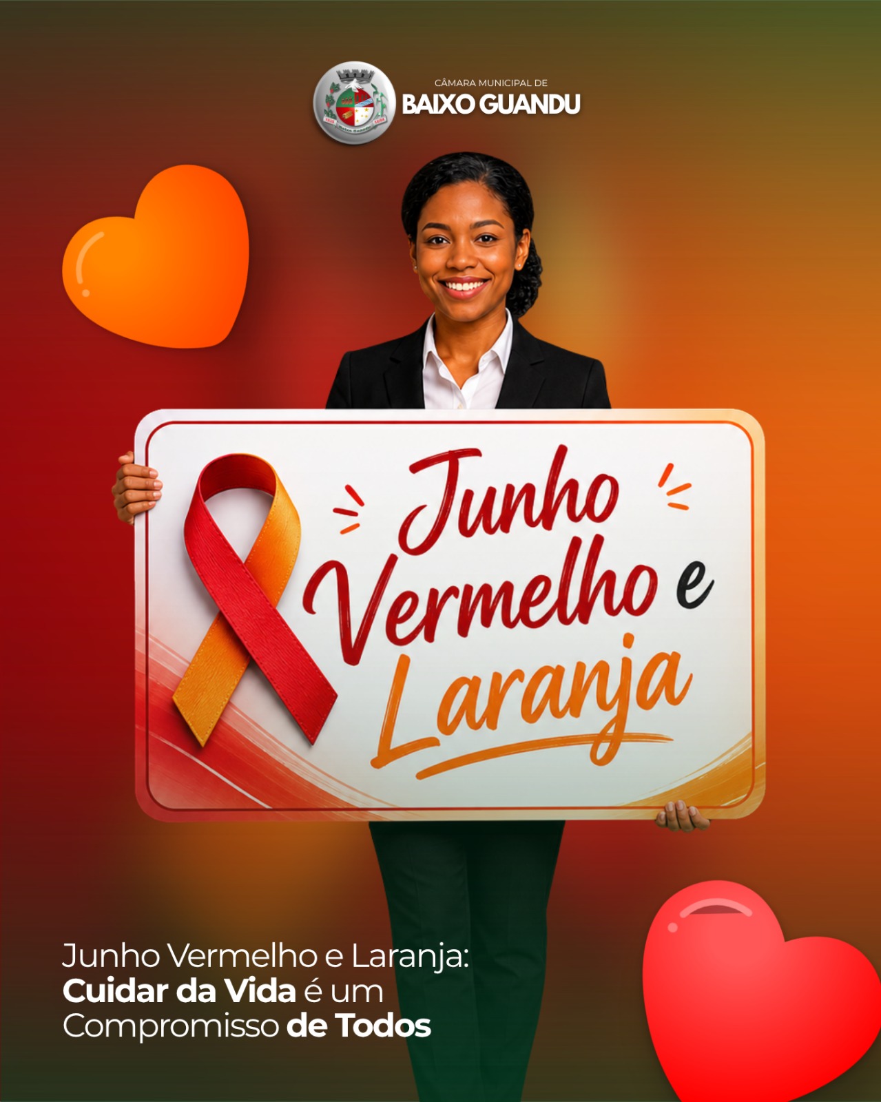 A Câmara Municipal de Baixo Guandu apoia as campanhas Junho Vermelho e Junho Laranja, que reforçam a importância da solidariedade, da prevenção e do cuidado com a saúde. ❤️🧡