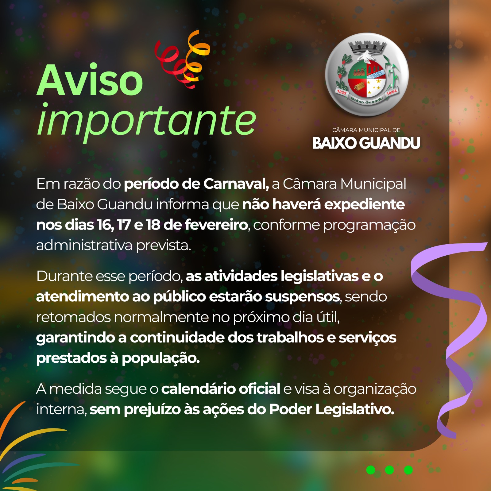 Recesso de Carnaval na Câmara Municipal de Baixo Guandu