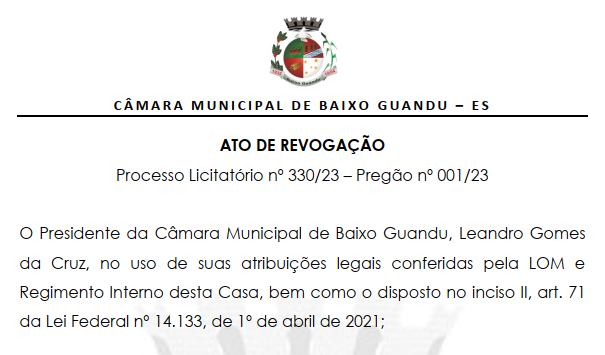 Revogação ao pregão eletrônico 01/23 processo 330/22